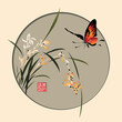 Butterfly flutters over Orchid flowers in a round frame. Vector illustration in traditional oriental style. Text - 