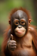 Photo Of Cute Orangutan Baby Giving Thumbs Up Sign, Made With Generative Ai