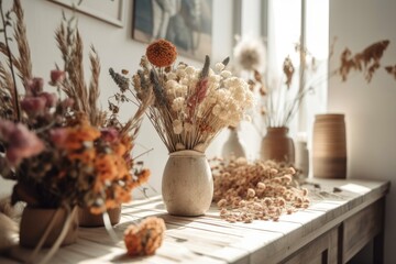 Wall Mural - décor, light style dried flowers in the corner. bright, panoramic room. Scandinavian decor. mockup. Generative AI