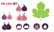 Fig logo Set Isolated Light Purple And Full Purple Sliced And Whole Fig, Fig Leaf And Icon, Isolated fig on white background