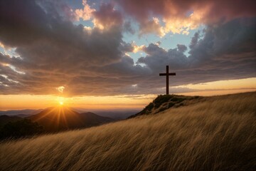 sunset on the field, jesus christ cross as a foreground, easter, resurrection concept,