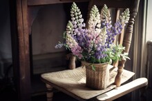 Lupine Flowers In Rustic Room. Countryside Summer Decor. Lupin Bouquet On Wooden Country Chair In Bright Room, Collecting Wildflowers. Generative AI