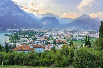 Wall Mural - Riva del Garda, Italy. Aerial panoramic view at sunset.