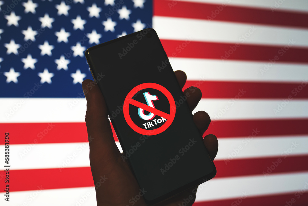 TikTok logo on smartphone screen American flag background