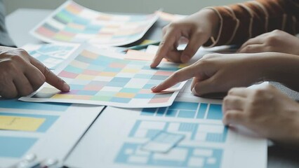 Close up ux developer and ui designer brainstorming about mobile app interface wireframe design on table with customer breif and color code at modern office.Creative digital development agency