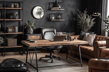 Poster - Modern freelancing home office decor. Brown detail wall, grey couch, wood table, black chair laptop decor. Generative AI