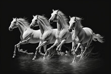 Isolated Illustration Running Of Four White Horses On Isolated Black Background, Generative Ai