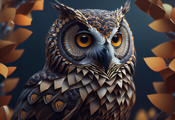 Poster - A complex, multi-layered pattern of interlocking shapes that resembles a owl face.  Generative AI technology.

