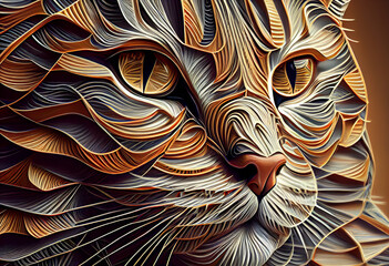 Leinwandbilder - A complex, multi-layered pattern of interlocking shapes that resembles a cat's face.  Generative AI technology.

