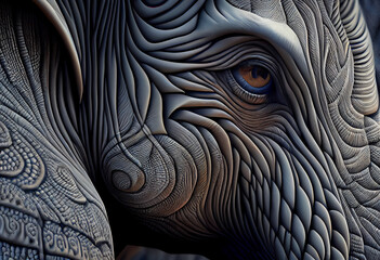Poster - A complex, multi-layered pattern of interlocking shapes that resembles a Elephant's face.  Generative AI technology.
