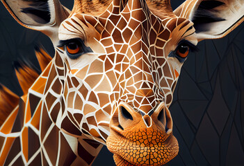 Poster - A complex, multi-layered pattern of interlocking shapes that resembles a Giraffe's face.  Generative AI technology.

