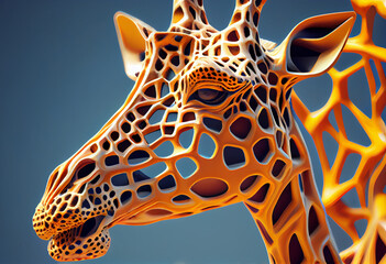 Poster - A complex, multi-layered pattern of interlocking shapes that resembles a Giraffe's face.  Generative AI technology.
