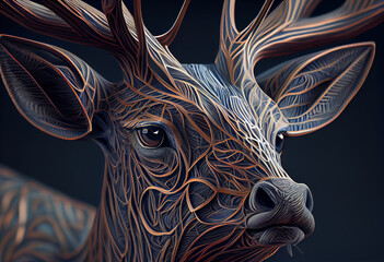 Fototapete - A complex, multi-layered pattern of interlocking shapes that resembles a Deer's face.  Generative AI technology.

