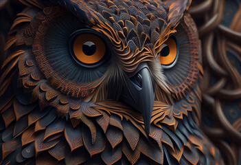 Poster - A complex, multi-layered pattern of interlocking shapes that resembles a owl face.  Generative AI technology.
