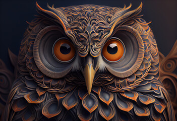 Poster - A complex, multi-layered pattern of interlocking shapes that resembles a owl face.  Generative AI technology.
