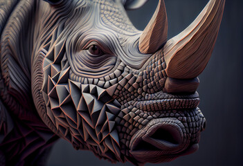 Poster - A complex, multi-layered pattern of interlocking shapes that resembles a Rhinocerose's face.  Generative AI technology.
