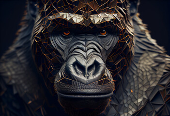 Poster - A complex, multi-layered pattern of interlocking shapes that resembles a Gorilla's face.  Generative AI technology.

