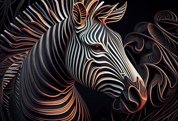 Poster - A complex, multi-layered pattern of interlocking shapes that resembles a Zebra  face.  Generative AI technology.
