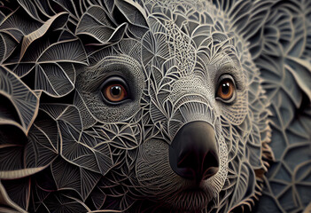 Poster - A complex, multi-layered pattern of interlocking shapes that resembles a Koala  face.  Generative AI technology.
