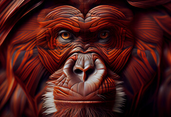 Poster - A complex, multi-layered pattern of interlocking shapes that resembles a Orangutan's face.  Generative AI technology.
