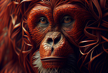 Poster - A complex, multi-layered pattern of interlocking shapes that resembles a Orangutan's face.  Generative AI technology.
