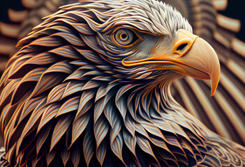 Poster - A complex, multi-layered pattern of interlocking shapes that resembles a Eagle face.  Generative AI technology.
