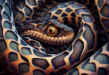 Leinwandbilder - A complex, multi-layered pattern of interlocking shapes that resembles a Snake face.  Generative AI technology.
