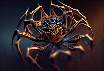 Poster - A complex, multi-layered pattern of interlocking shapes that resembles a Spider.  Generative AI technology.
