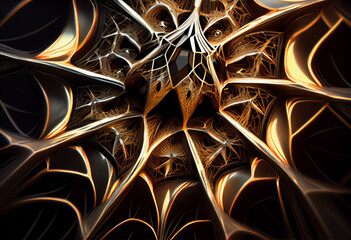 Poster - A complex, multi-layered pattern of interlocking shapes that resembles a Spider.  Generative AI technology.
