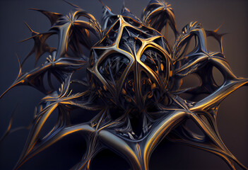 Poster - A complex, multi-layered pattern of interlocking shapes that resembles a Spider.  Generative AI technology.
