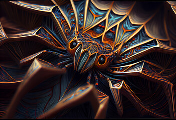 Poster - A complex, multi-layered pattern of interlocking shapes that resembles a Spider.  Generative AI technology.
