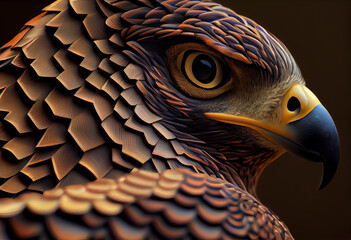 Poster - A complex, multi-layered pattern of interlocking shapes that resembles a Falcon  face.  Generative AI technology.
