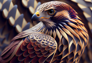 Poster - A complex, multi-layered pattern of interlocking shapes that resembles a Falcon  face.  Generative AI technology.
