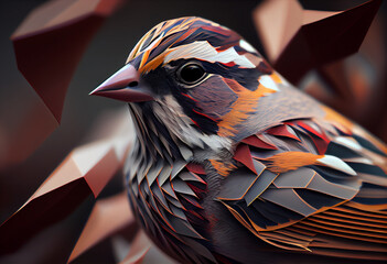 Poster - A complex, multi-layered pattern of interlocking shapes that resembles a Sparrow face.  Generative AI technology.
