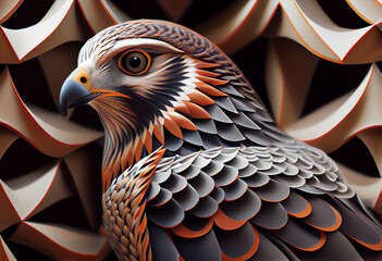 Poster - A complex, multi-layered pattern of interlocking shapes that resembles a Sparrow face.  Generative AI technology.

