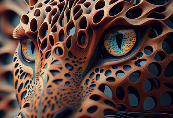 Poster - A complex, multi-layered pattern of interlocking shapes that resembles a Leopard  face.  Generative AI technology.
