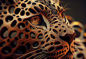Poster - A complex, multi-layered pattern of interlocking shapes that resembles a Leopard  face.  Generative AI technology.
