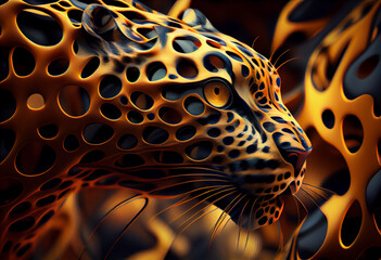 Poster - A complex, multi-layered pattern of interlocking shapes that resembles a Leopard  face.  Generative AI technology.
