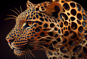 Fototapete - A complex, multi-layered pattern of interlocking shapes that resembles a Leopard  face.  Generative AI technology.
