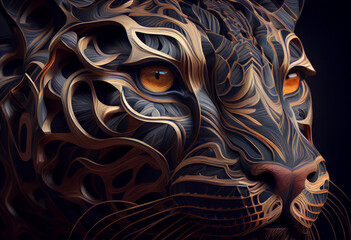 Poster - A complex, multi-layered pattern of interlocking shapes that resembles a Leopard  face.  Generative AI technology.
