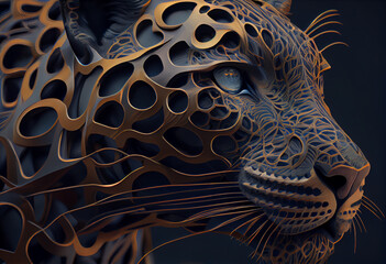 Poster - A complex, multi-layered pattern of interlocking shapes that resembles a Panthera  face.  Generative AI technology.
