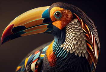 Poster - A complex, multi-layered pattern of interlocking shapes that resembles a Toucan face.  Generative AI technology.
