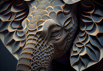 Poster - A complex, multi-layered pattern of interlocking shapes that resembles a Elephant's face.  Generative AI technology.
