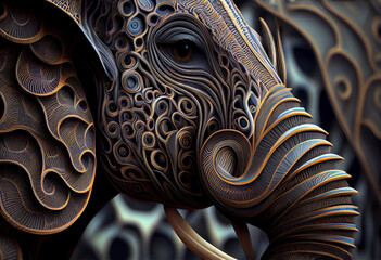 Poster - A complex, multi-layered pattern of interlocking shapes that resembles a Elephant's face.  Generative AI technology.
