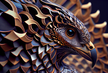 Poster - A complex, multi-layered pattern of interlocking shapes that resembles a Falcon  face.  Generative AI technology.
