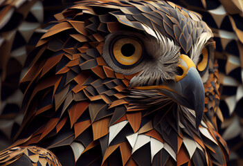 Poster - A complex, multi-layered pattern of interlocking shapes that resembles a Falcon  face.  Generative AI technology.
