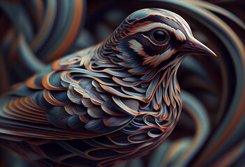 Poster - A complex, multi-layered pattern of interlocking shapes that resembles a Sparrow face.  Generative AI technology.
