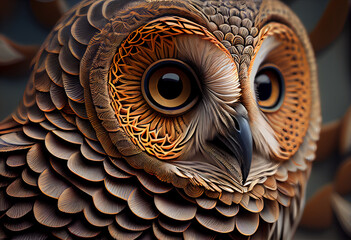 Poster - A complex, multi-layered pattern of interlocking shapes that resembles a owl face.  Generative AI technology.

