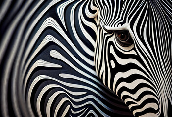 Poster - A complex, multi-layered pattern of interlocking shapes that resembles a Zebra  face.  Generative AI technology.
