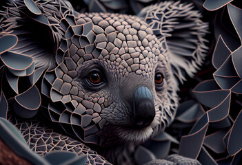 Poster - A complex, multi-layered pattern of interlocking shapes that resembles a Koala  face.  Generative AI technology.
